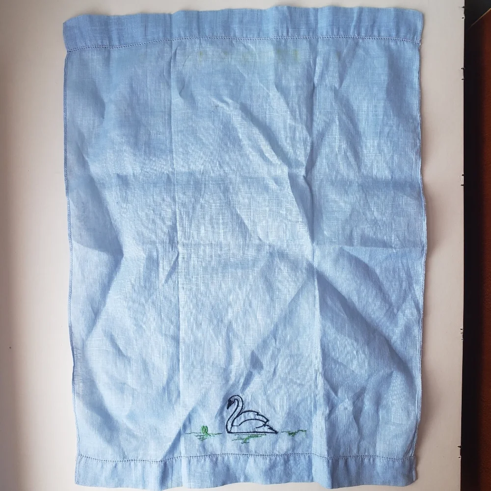 Embroidered Swan on French Blue Linen Finger Towel